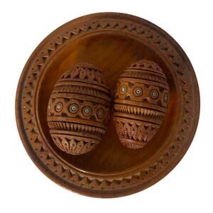 Ukrainian Pysanka Wooden 2 Wooden Eggs on wooden matching plate